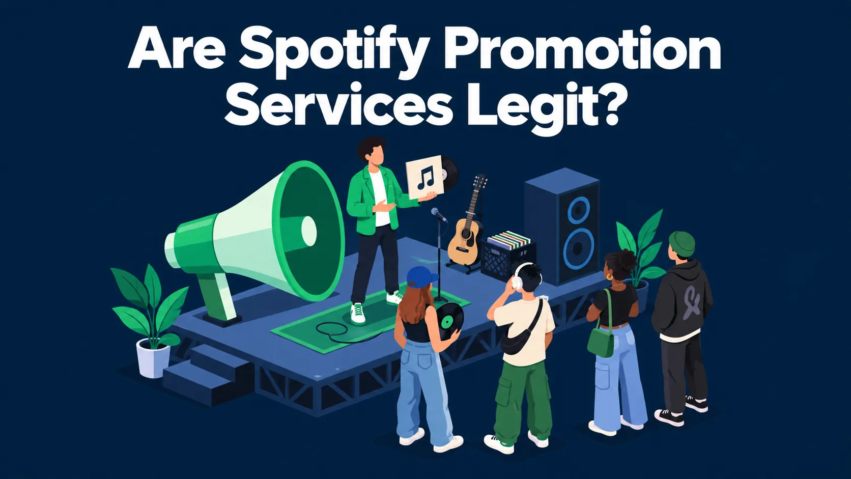 Are Spotify Promotion Services Legit? An independent musician with a megaphone presents music to a small listening crowd on a dark blue background.