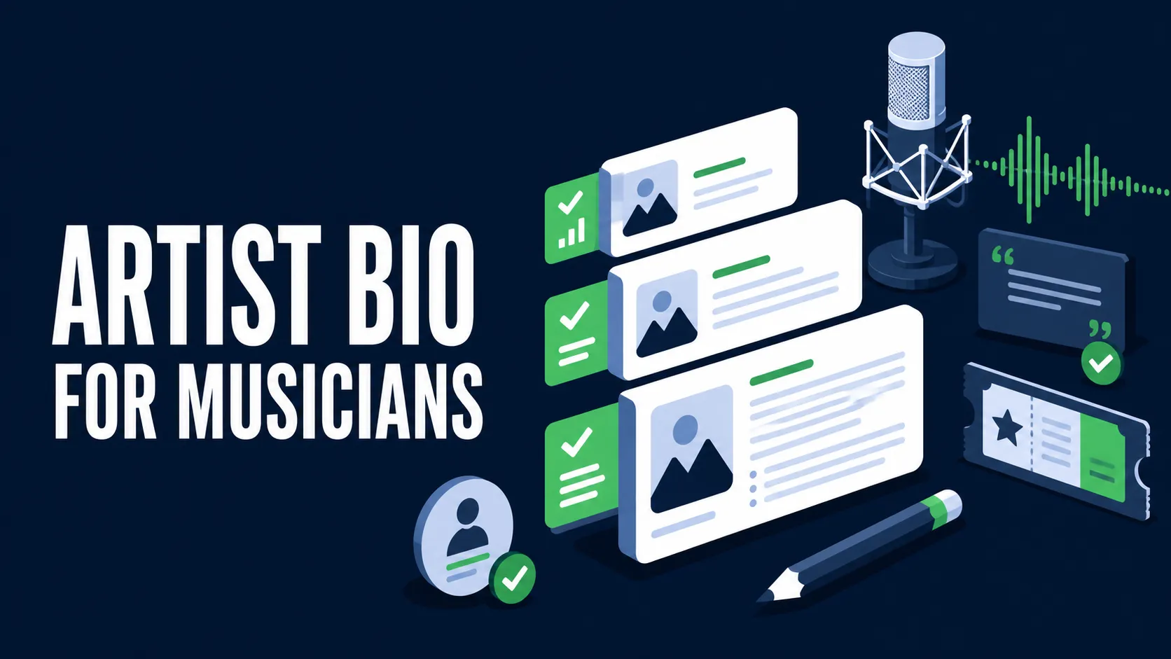 Flat isometric cover showing three approved artist bio cards, a studio microphone, press quote, venue ticket, waveform, and editing pencil.