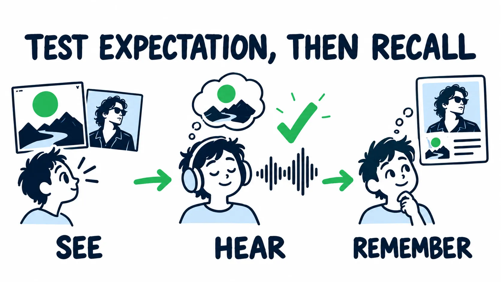 Doodle test in three steps: show an artist cover and photo, play the song, then ask what the listener remembers about the artist.