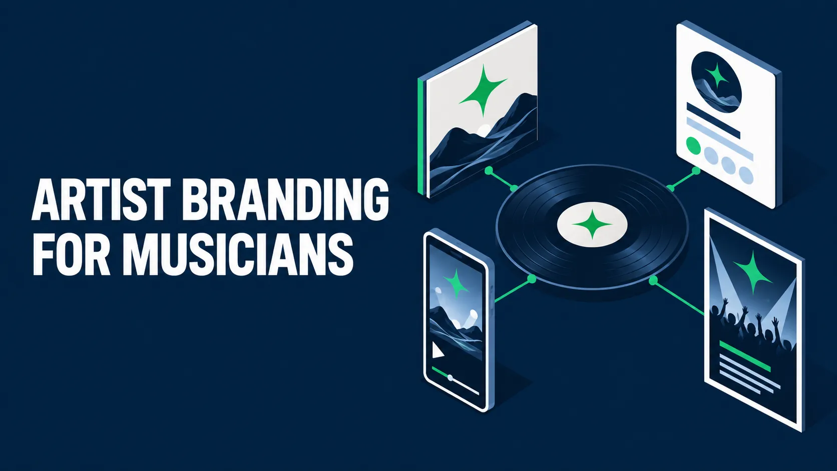 Flat isometric artist branding cover on a dark blue background showing one record connected to matching cover art, artist profile, video, and show poster.