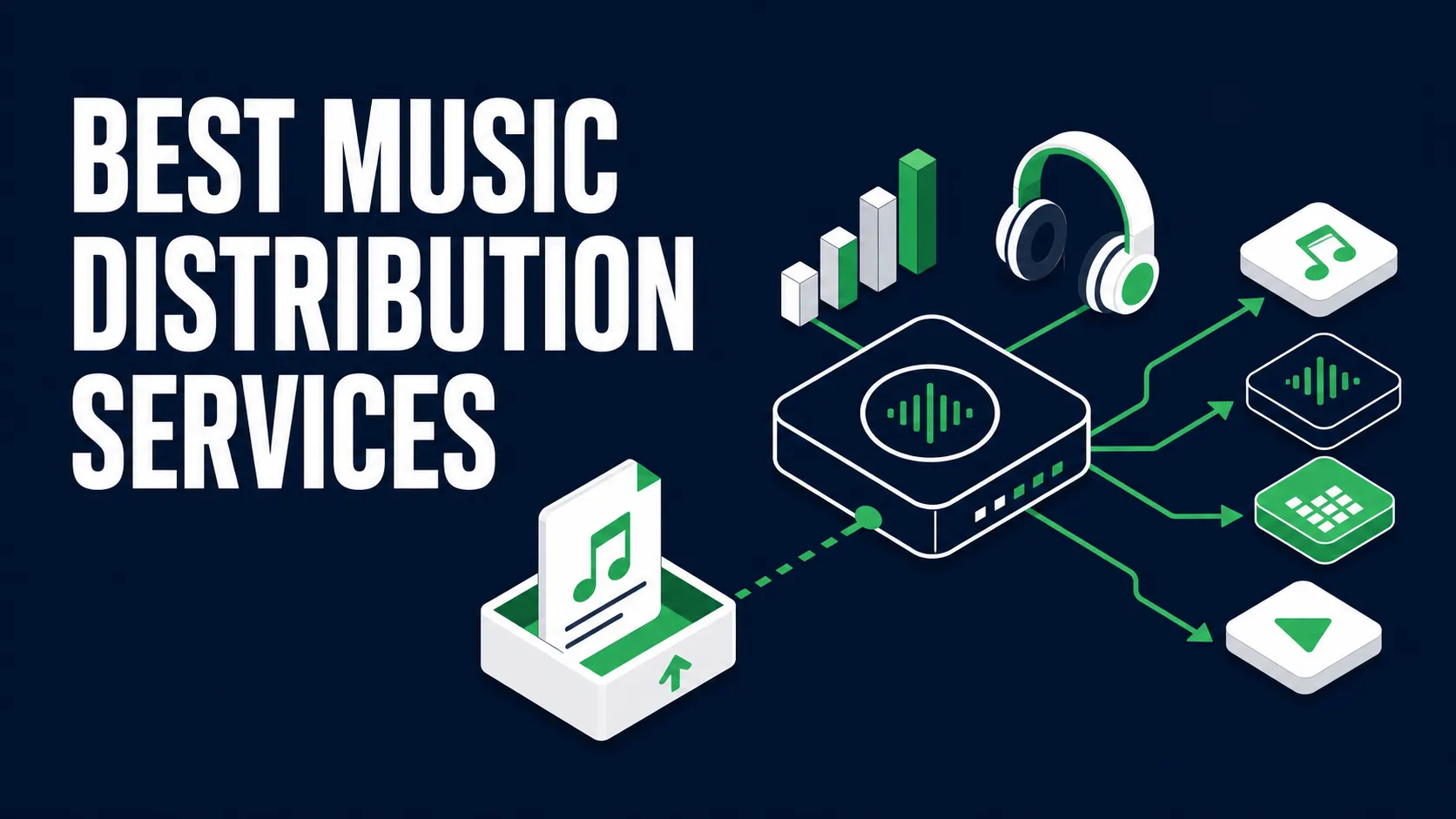 Flat isometric cover with music files moving through a distribution hub to streaming apps on a dark blue background, with the title Best Music Distribution Services.