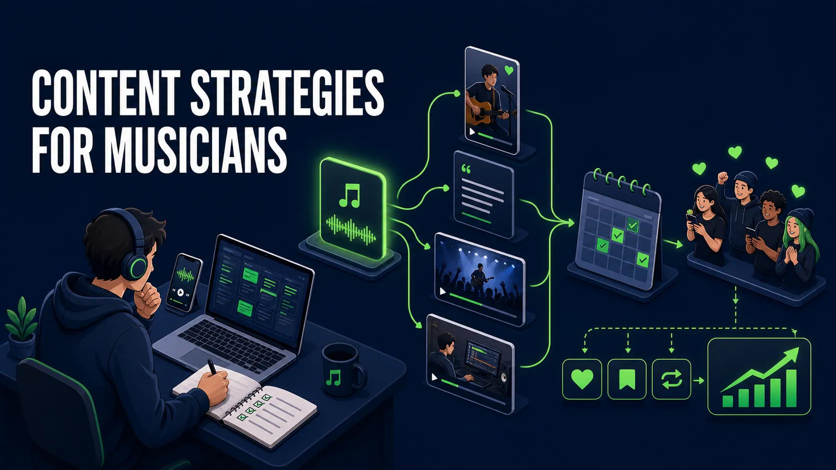 Flat isometric illustration of a musician turning one song into videos, stories, live clips, a content calendar, and meaningful fan actions.