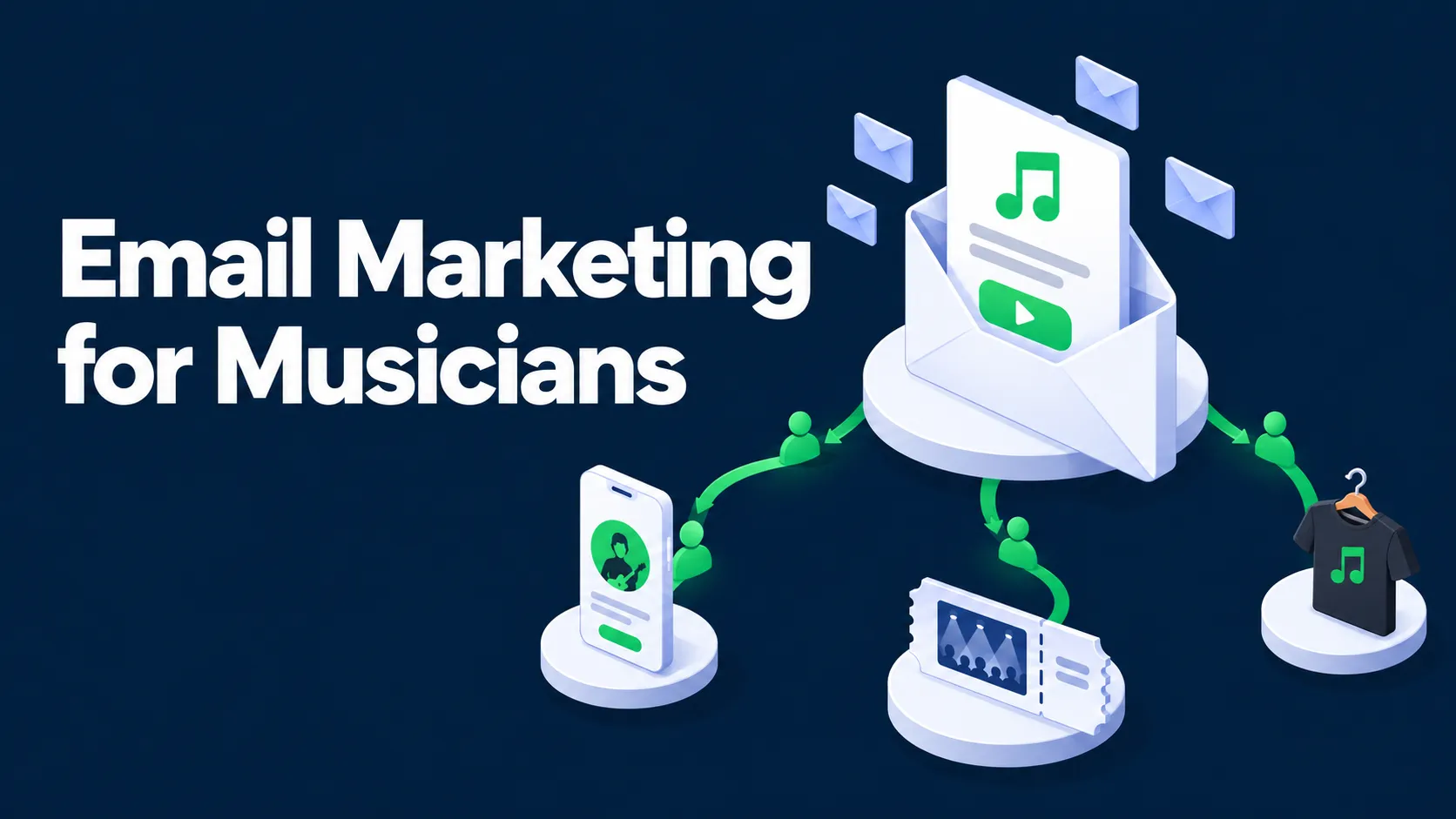 Flat isometric illustration of an open envelope with a music letter sending fans to an artist profile, a concert ticket, and a t-shirt, on a dark blue background with the white title Email Marketing for Musicians.