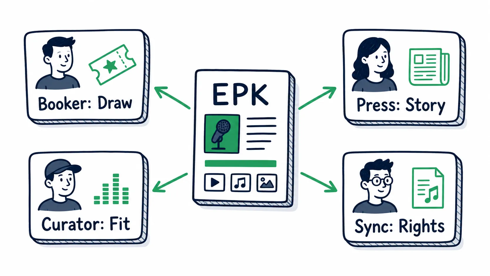 Doodle diagram showing one EPK sending different proof to a booker, press contact, curator, and sync contact.