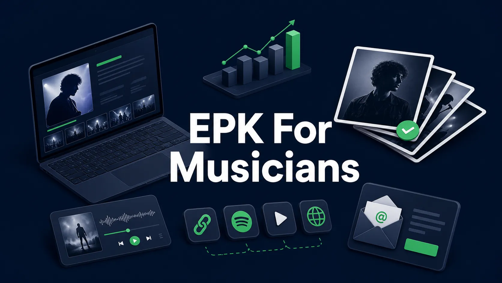 Flat isometric blog cover showing an electronic press kit for musicians with artist photos, music links, analytics, and booking contact cards.