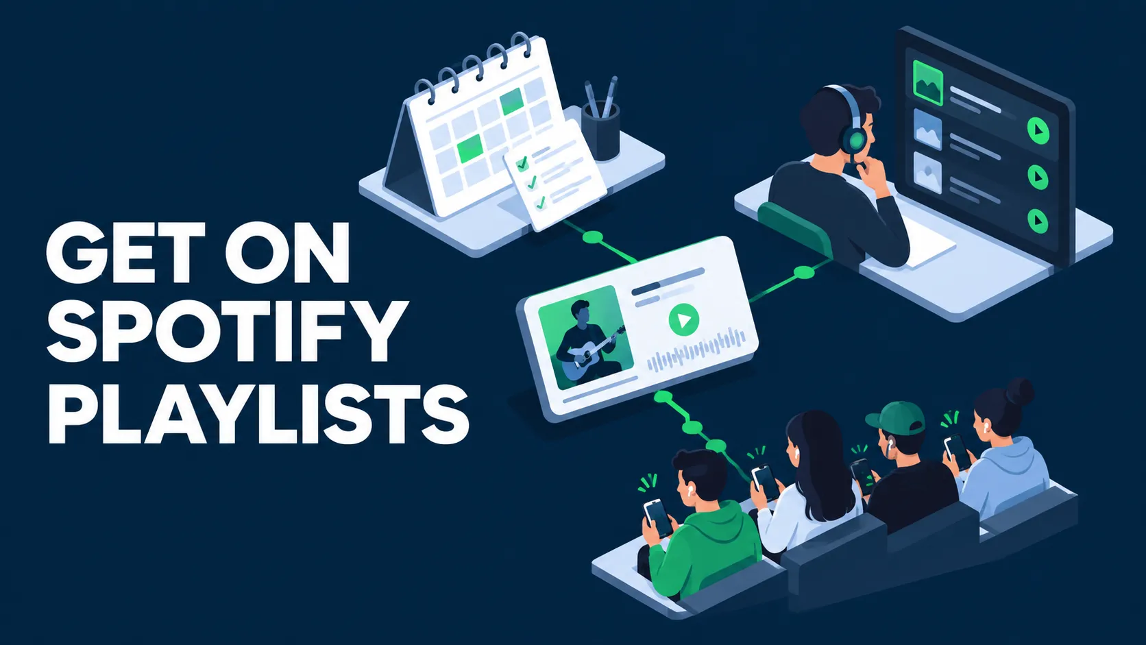 Flat isometric cover on a dark blue background with a release calendar, a curator reviewing music, listeners, and the words Get on Spotify Playlists.