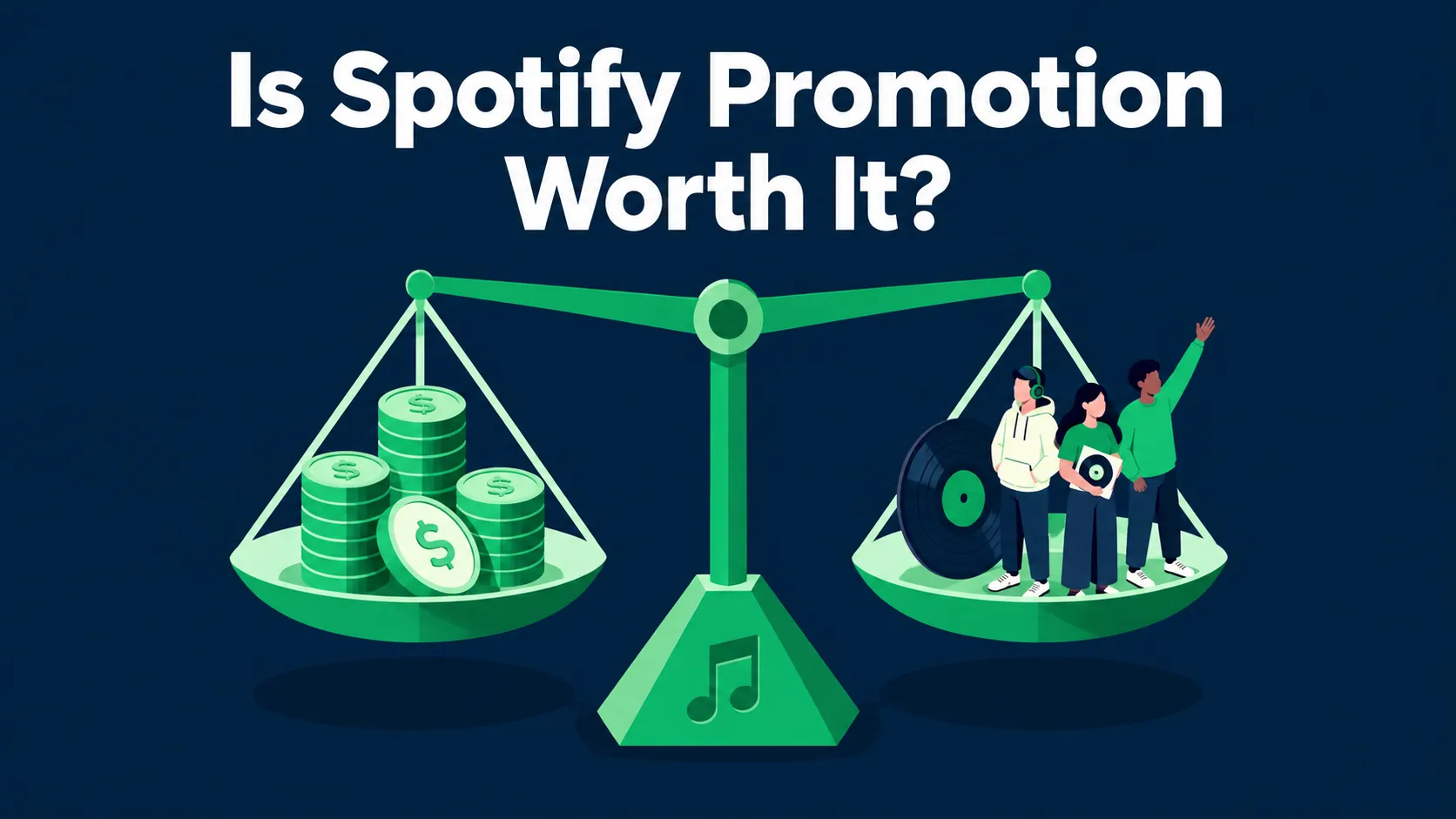 Is Spotify Promotion Worth It? A green balance scale weighs campaign spending against music fans on a dark blue background.