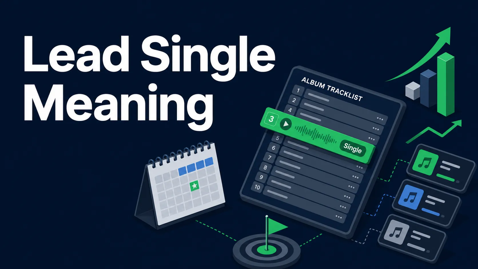 Flat isometric blog cover showing an album tracklist with one highlighted lead single and the headline Lead Single Meaning.