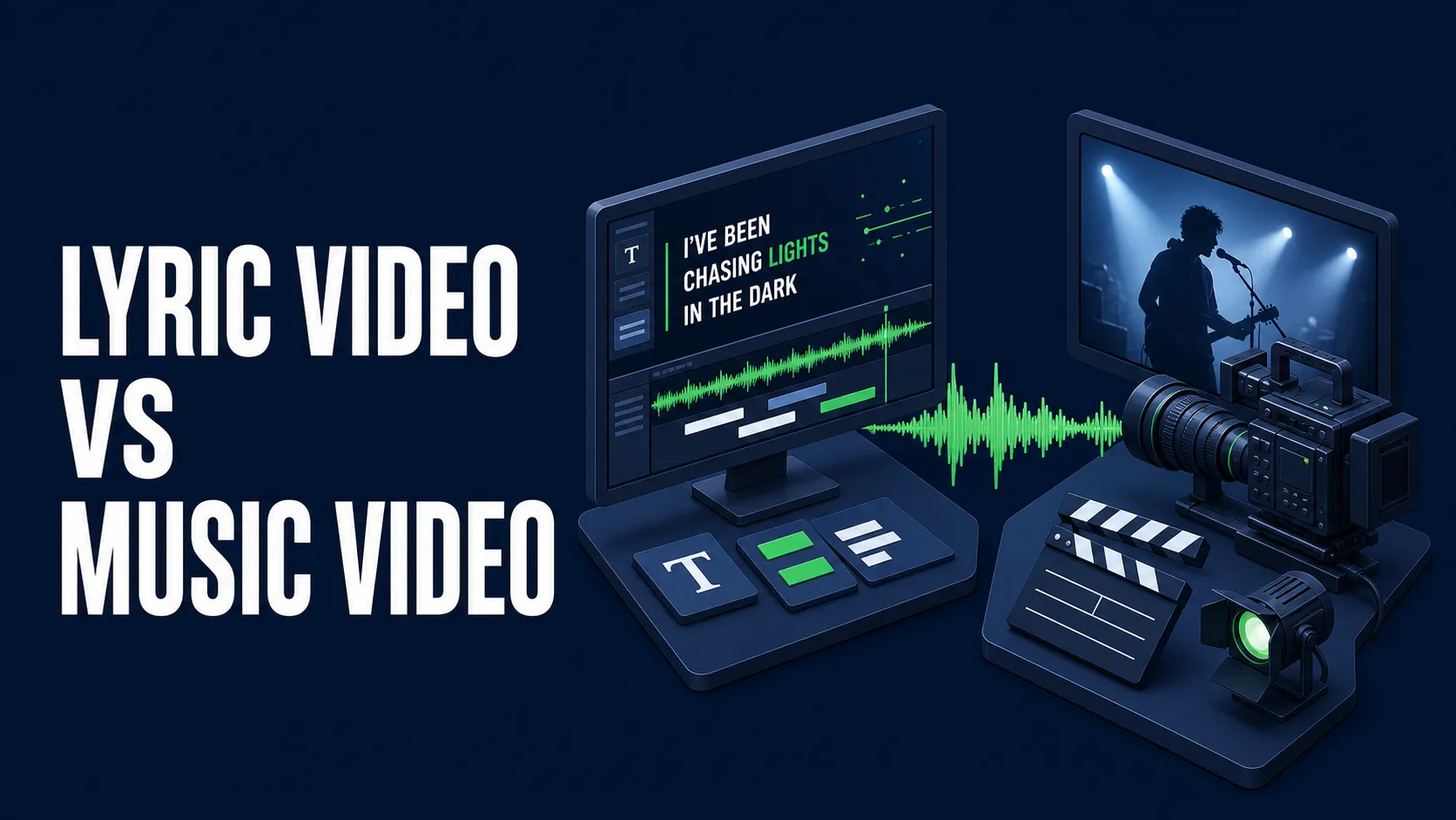 Flat isometric lyric video and music video comparison with a lyric editor, camera, lights, and clapperboard on a dark blue background.