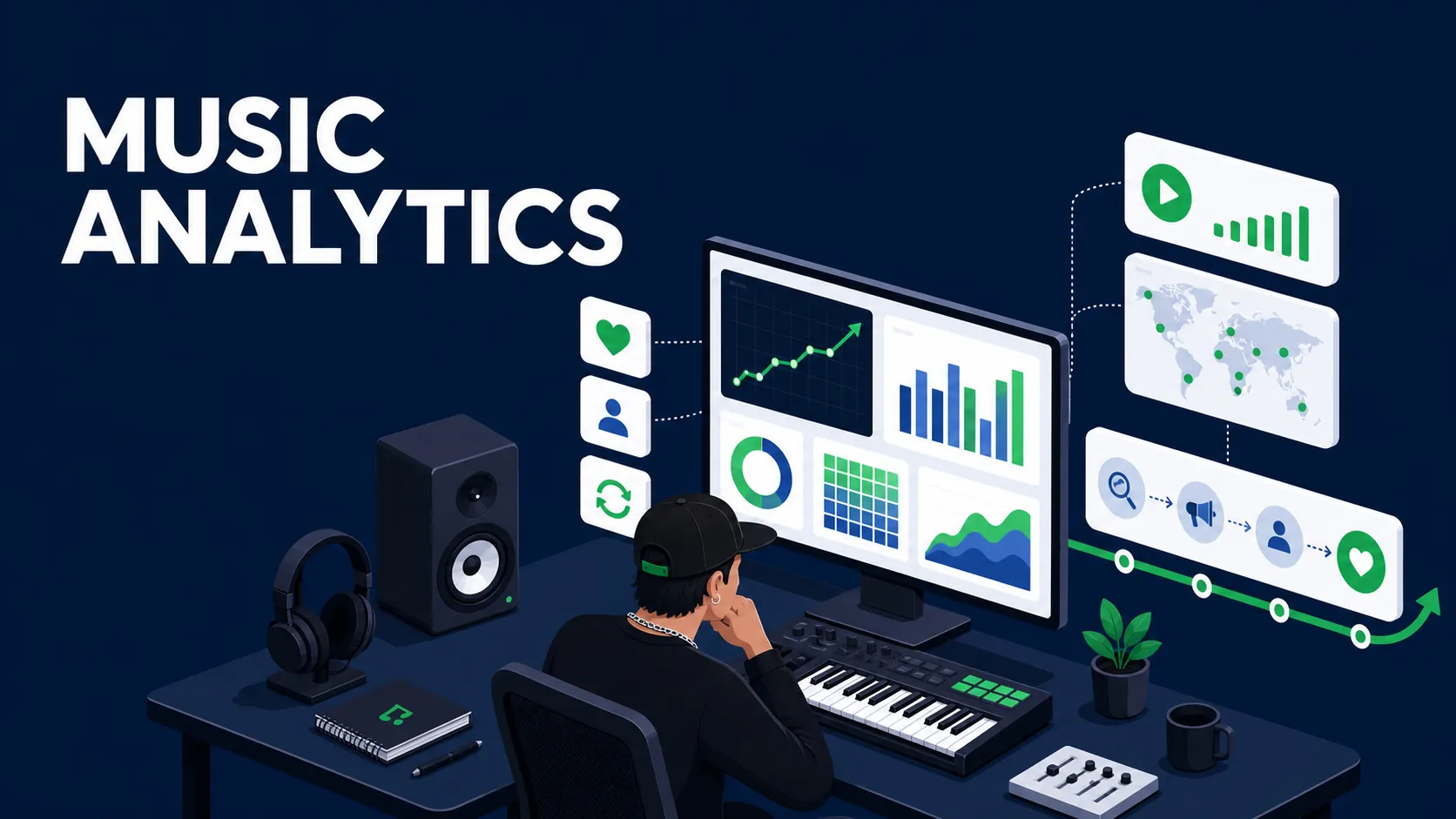Flat isometric music analytics dashboard with an independent artist, audience signals, charts, and a listener map on a dark blue background.