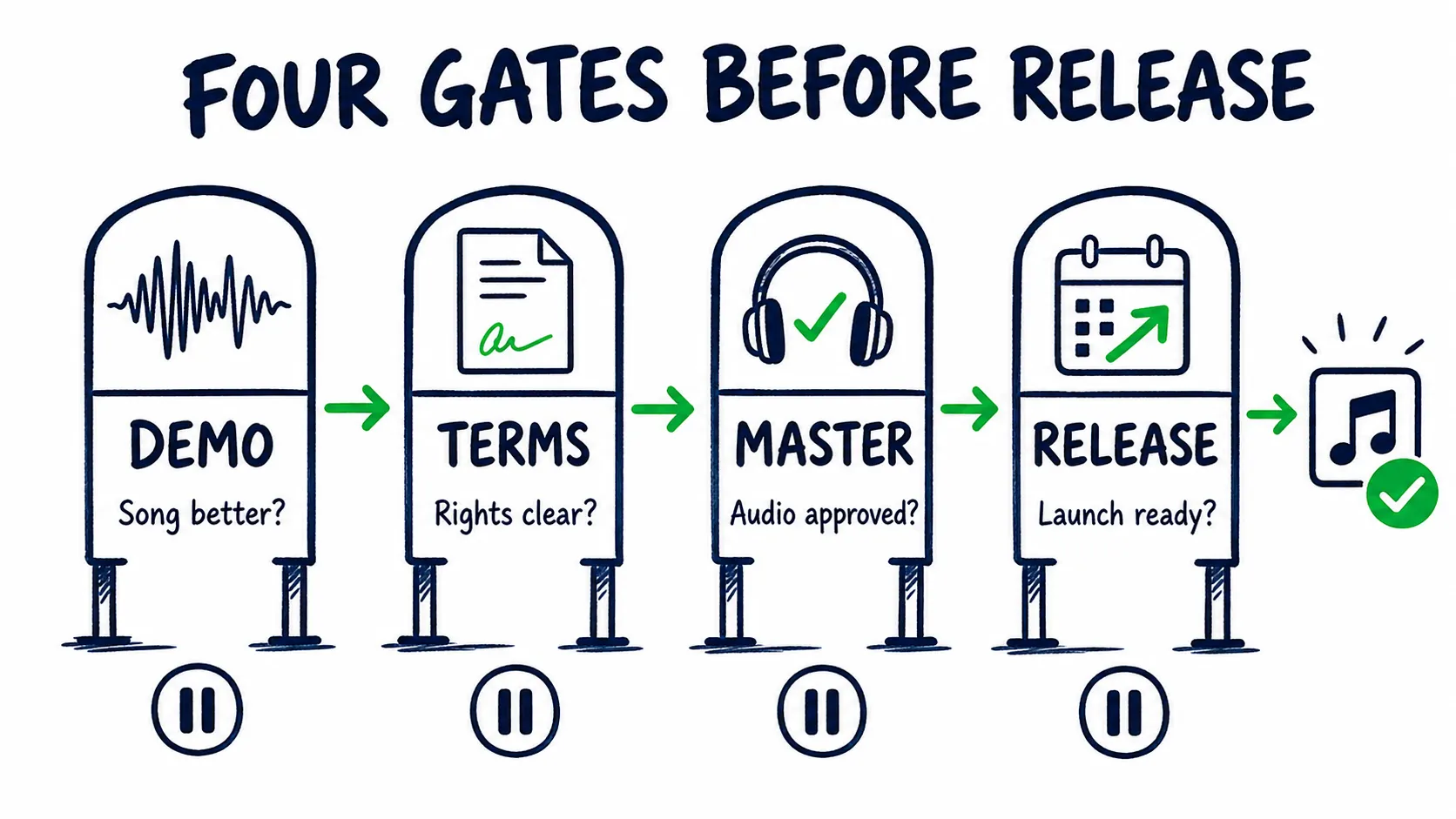 Doodle process diagram showing demo, terms, master, and release gates before a music collaboration can launch.