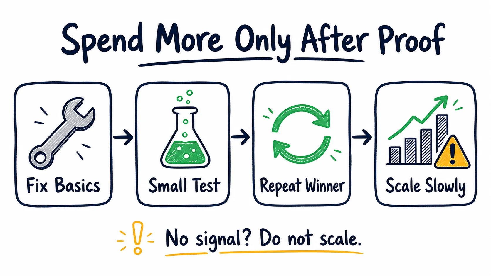 Doodle infographic titled Spend More Only After Proof, showing four music promotion budget gates: fix basics, small test, repeat winner, and scale slowly.