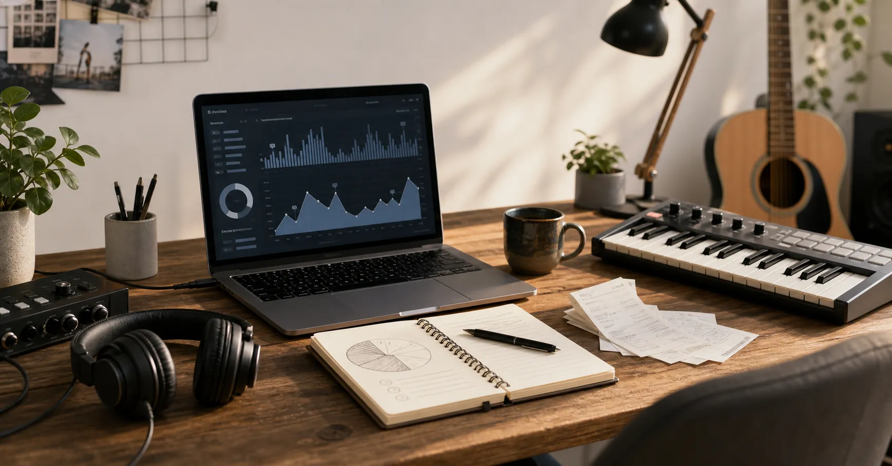 Independent artist planning a music promotion budget at a studio desk with a laptop, notebook, headphones, and MIDI keyboard.