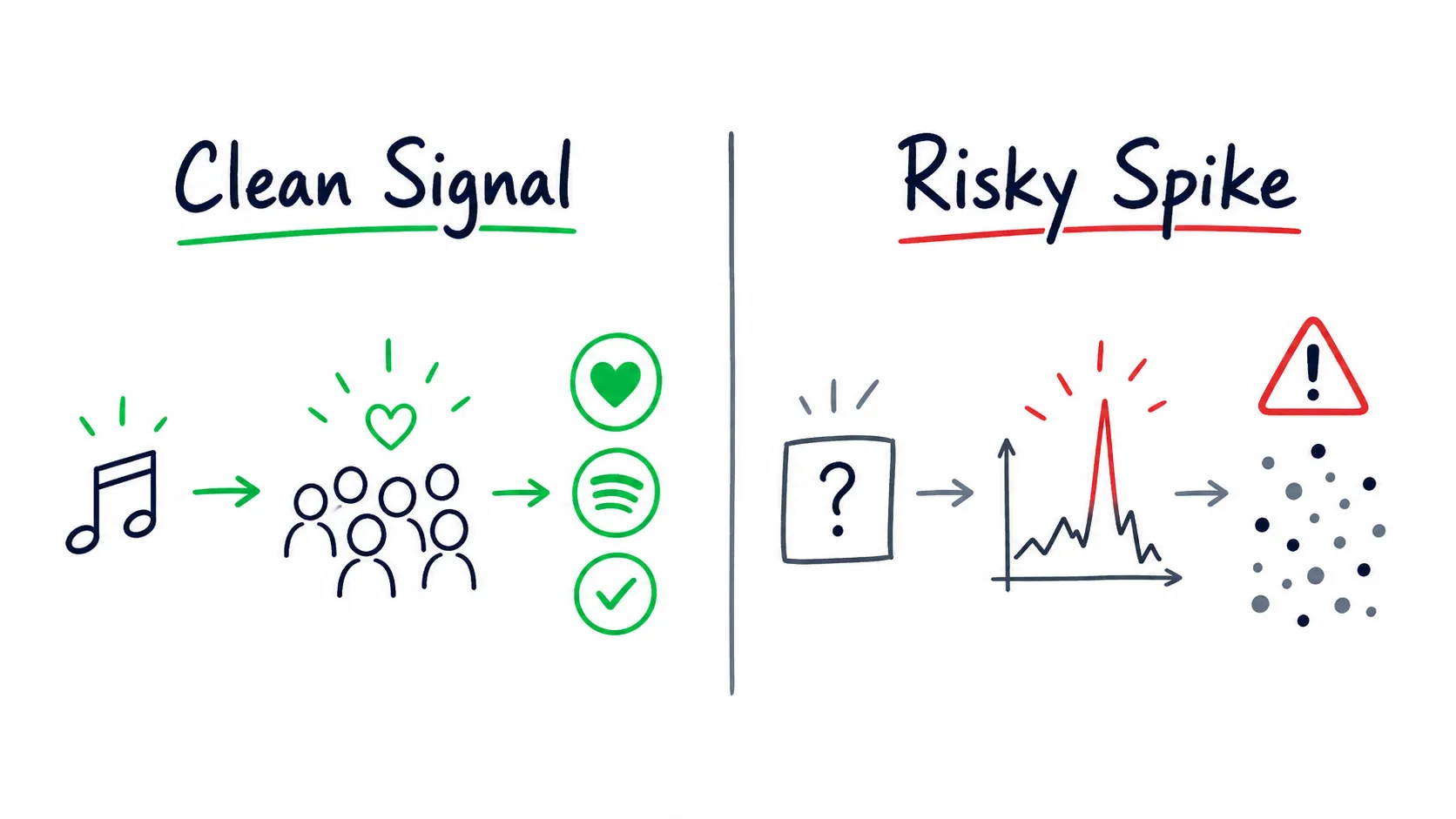 Doodle comparison showing clean signal from matched listeners versus a risky spike from unknown traffic.