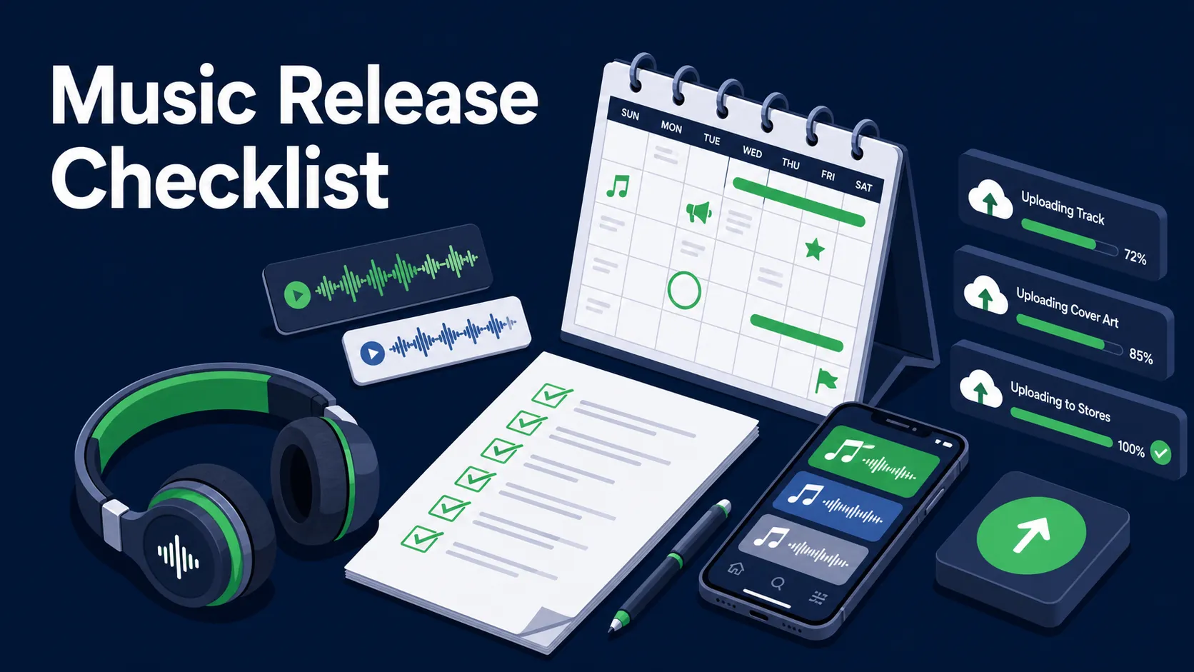 Flat isometric blog cover showing a music release calendar, checklist, headphones, phone, and upload cards with the headline Music Release Checklist.