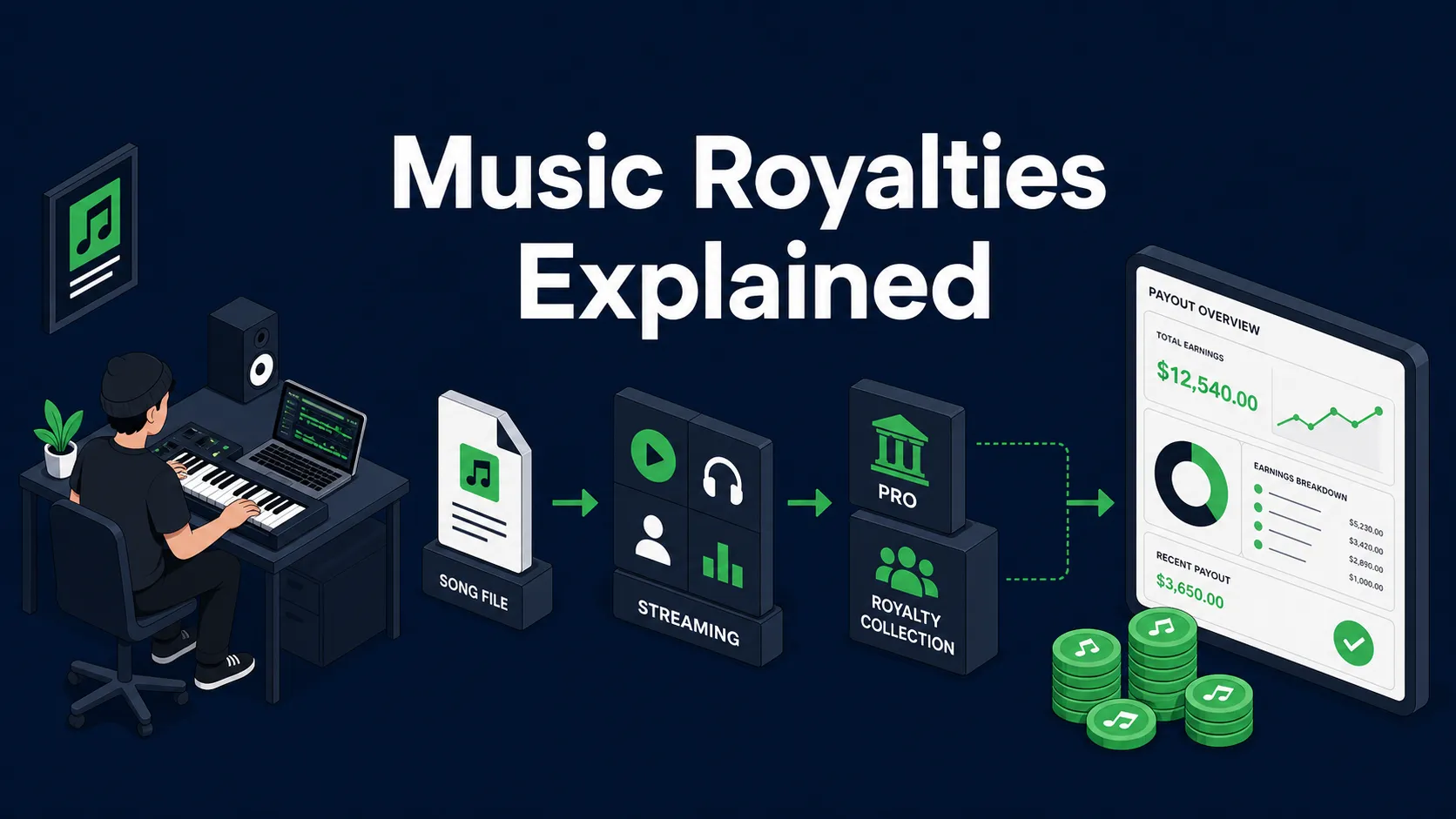 Flat isometric illustration showing an independent artist moving a song through streaming, royalty collection, and payout tracking.