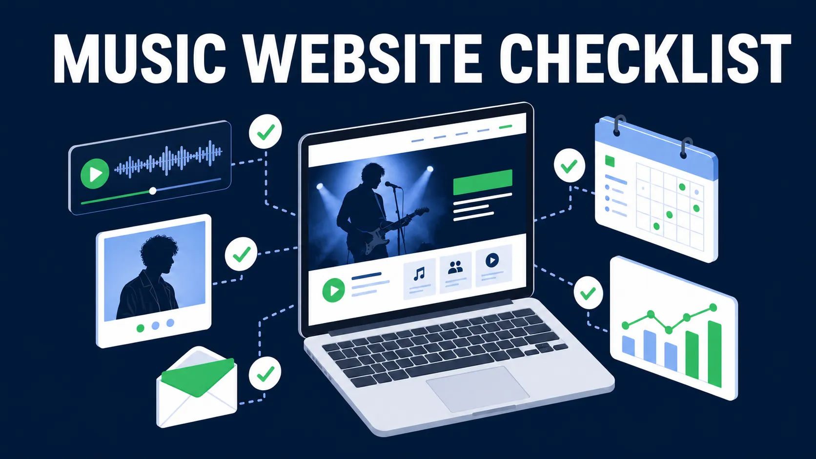 Flat isometric cover showing a musician website on a laptop with music, show, contact, analytics, and checklist cards.