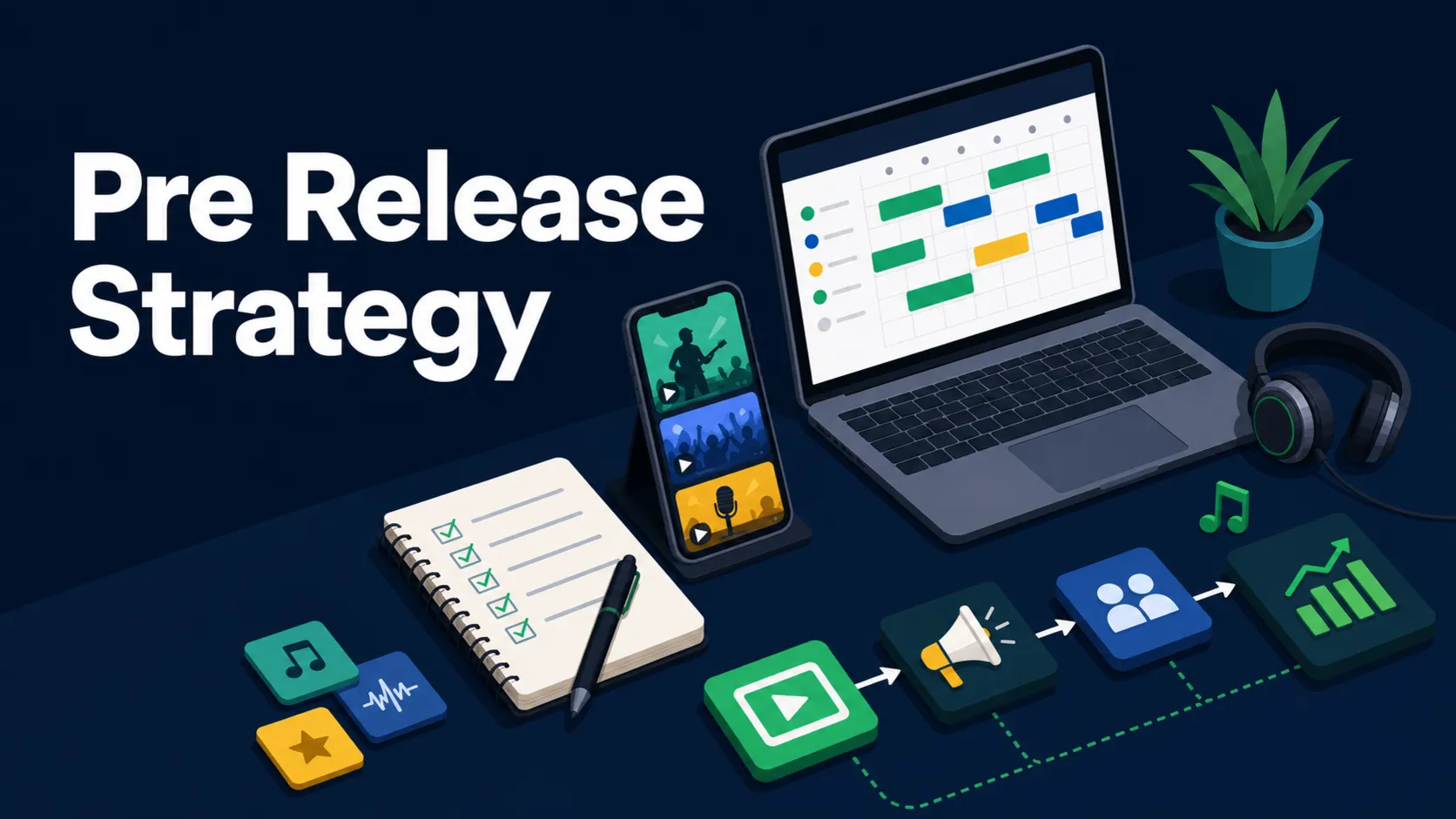 Flat isometric blog cover showing a musician planning a release calendar, content clips, checklist, and streaming growth dashboard with the headline Pre Release Strategy.