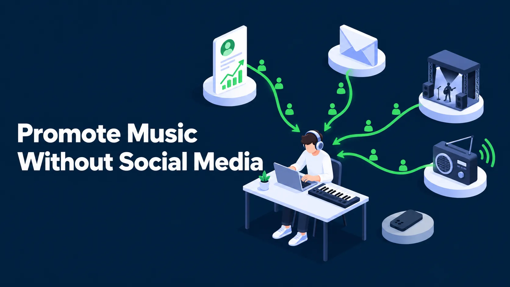 Flat isometric illustration of a musician at a desk while listeners arrive from a Spotify profile, an email, a stage, and a radio, with the phone set aside, on a dark blue background with the white title Promote Music Without Social Media.
