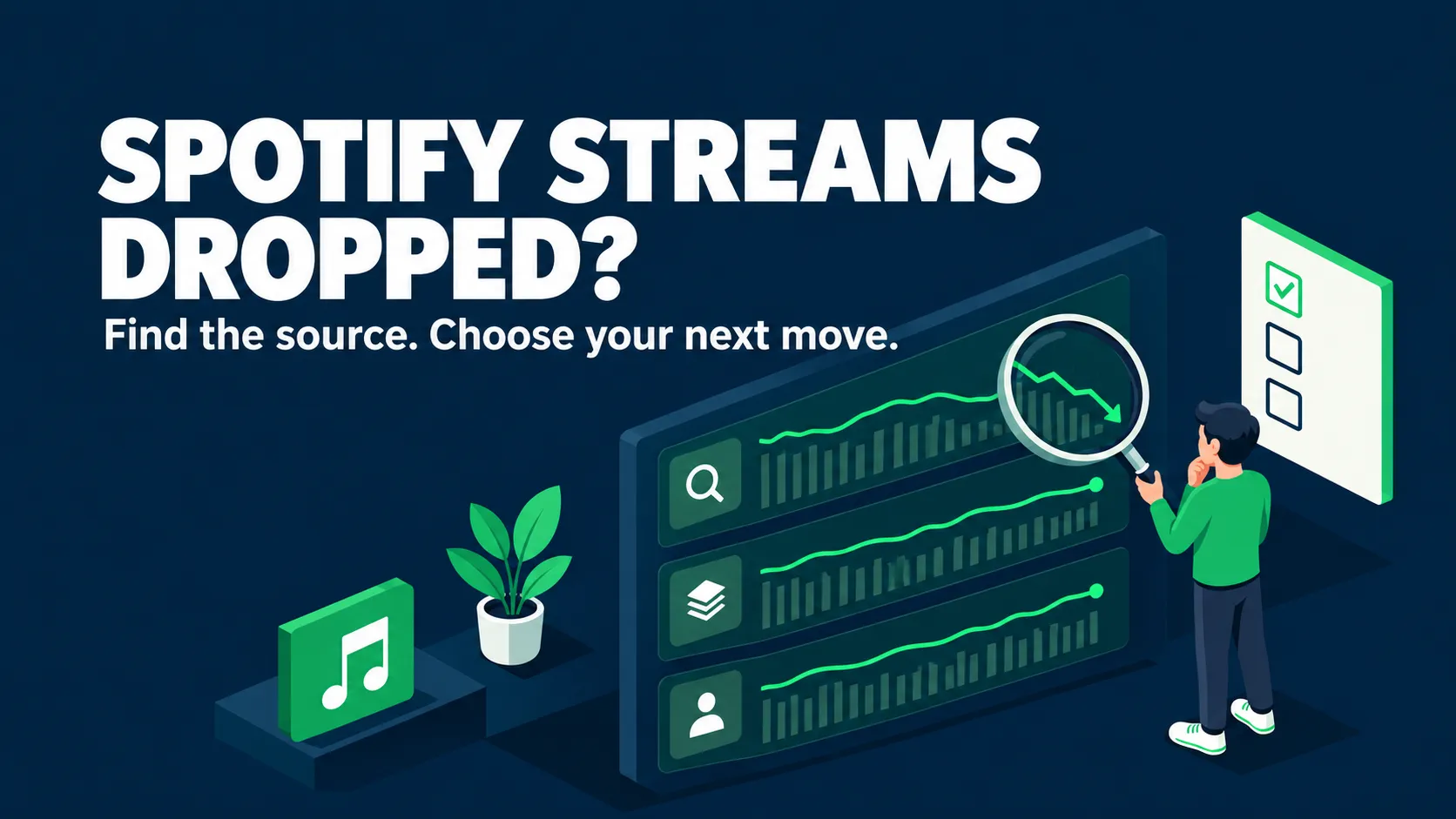 Flat isometric illustration of an artist tracing a Spotify streams drop to its source on a dark blue background.