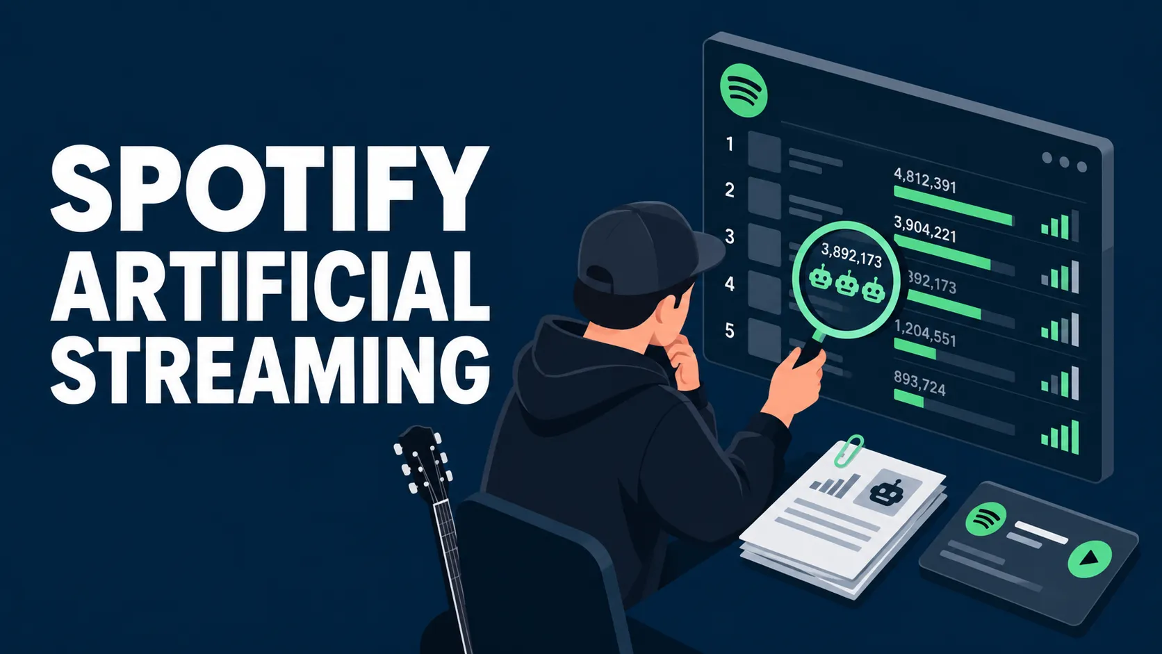 Flat isometric illustration of a musician checking streaming data, with Spotify Artificial Streaming in white on a dark blue background.