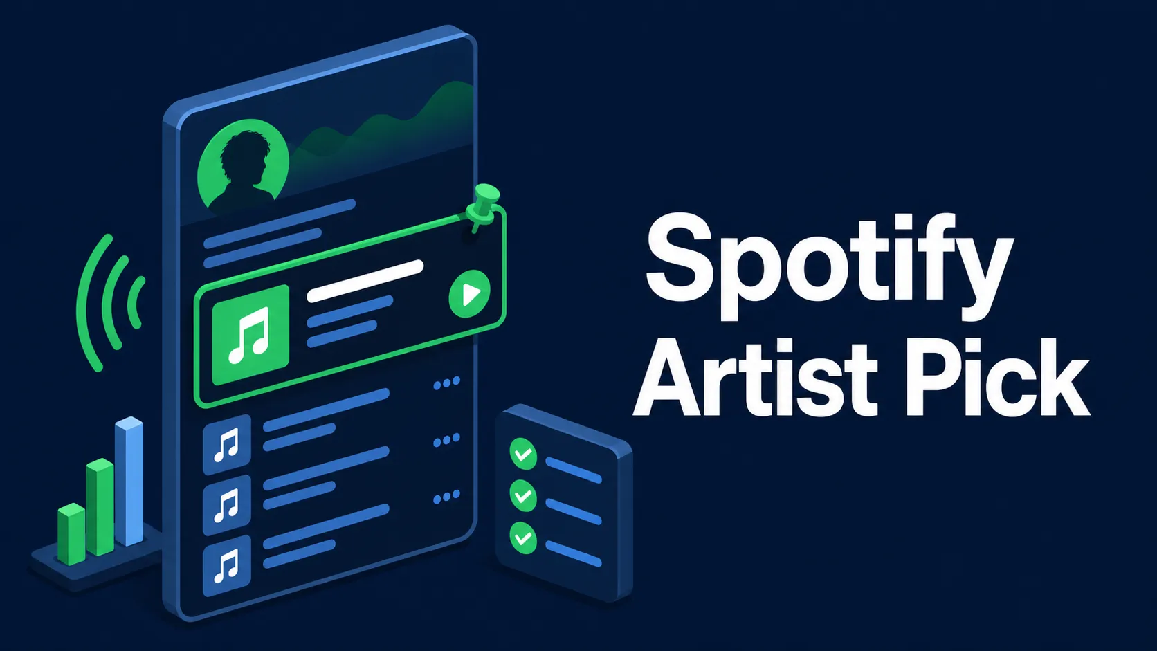 Flat isometric blog cover showing a Spotify artist profile with a pinned Artist Pick card and the title Spotify Artist Pick.