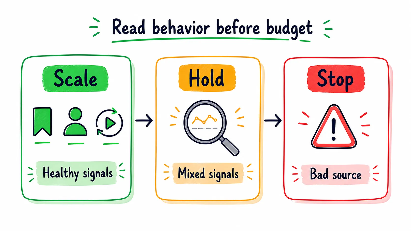 Doodle decision chart showing when to scale, hold, or stop based on healthy signals, mixed signals, or a bad source.