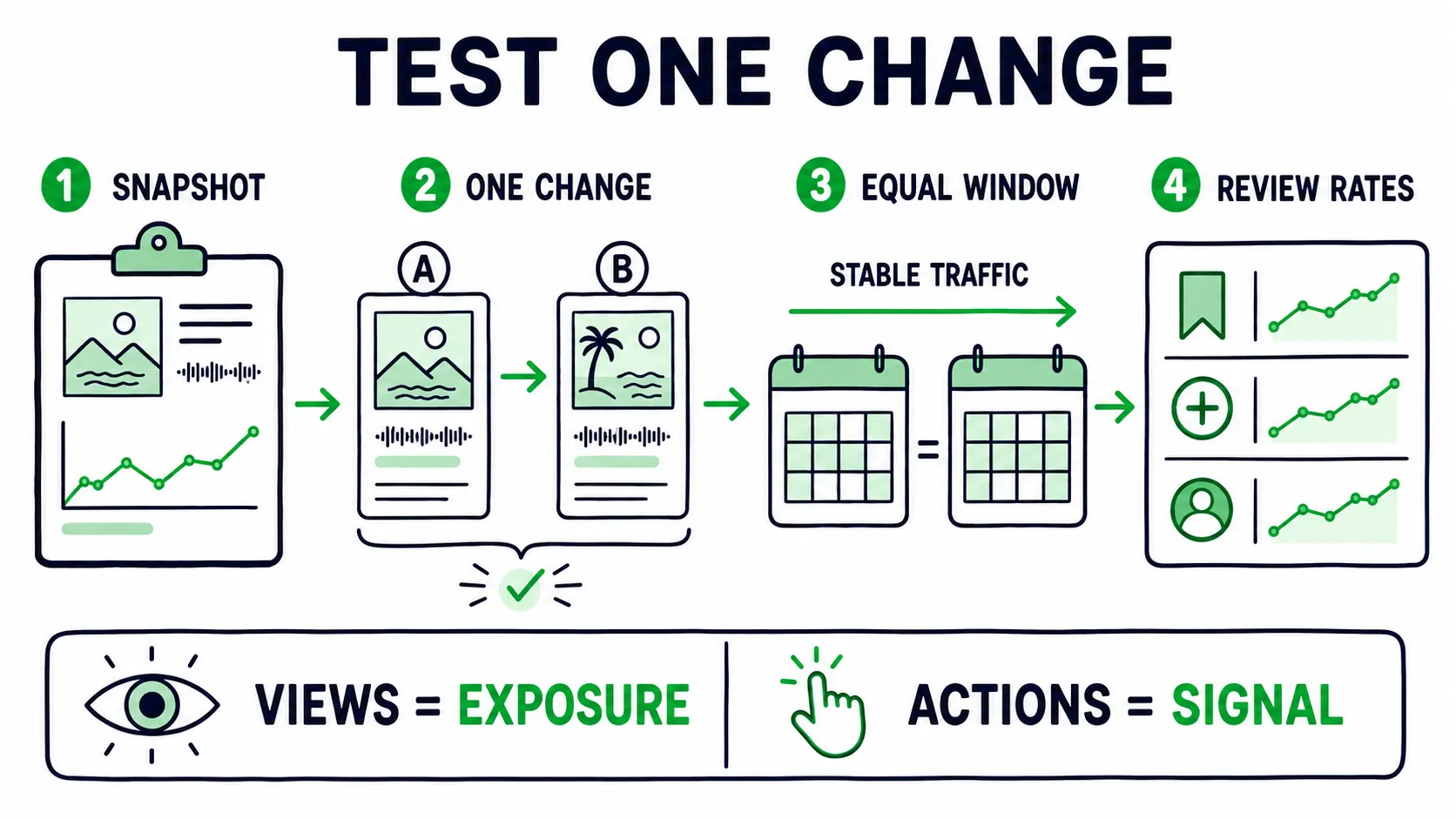 Doodle diagram showing a four step Canvas test with a snapshot, one creative change, equal windows, and rate review.
