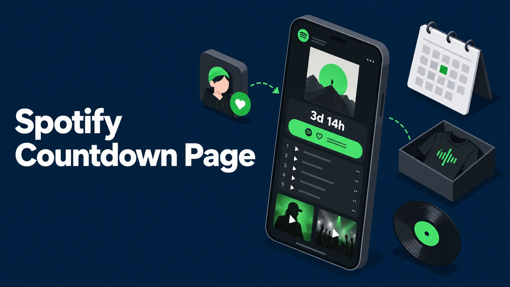 Flat isometric illustration of a Spotify Countdown Page with a release timer, a pre-save button, vertical video clips, a calendar, merch, and a fan saving an upcoming album.