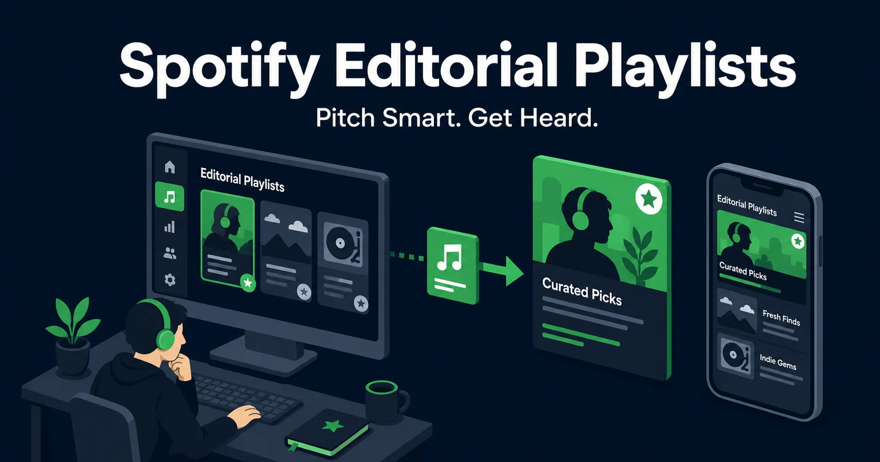 Flat isometric blog cover showing an editor reviewing music for Spotify editorial playlists with the headline Spotify Editorial Playlists.