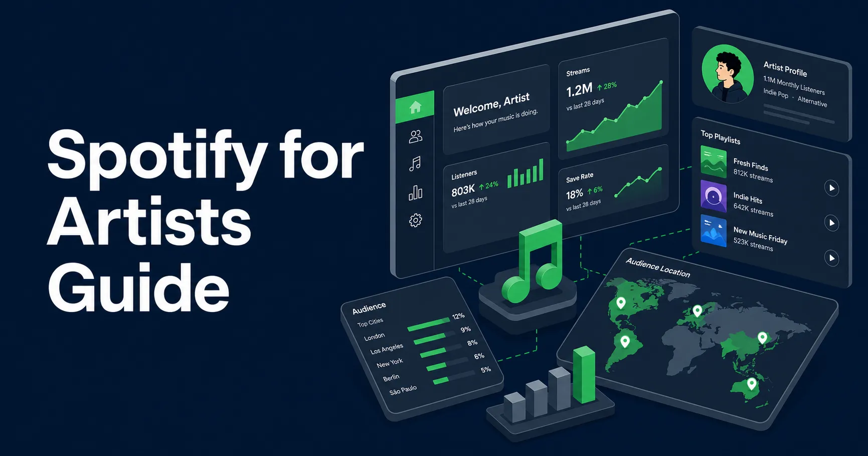 Flat isometric cover for a Spotify for Artists guide showing an analytics dashboard, audience map, playlist cards, and growth charts.