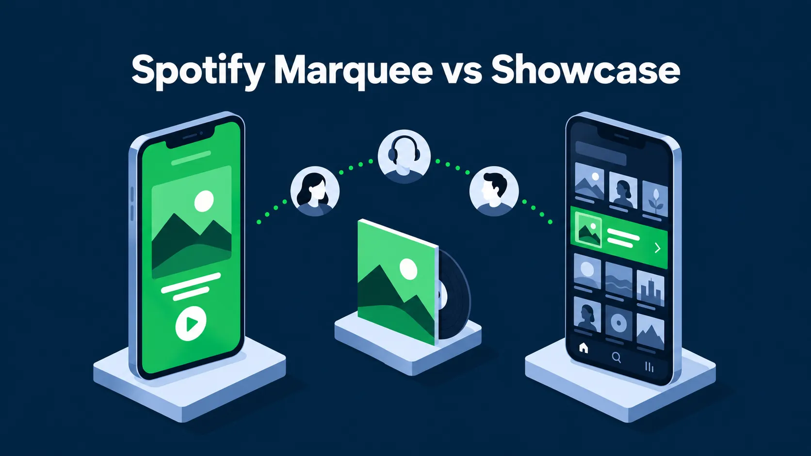Flat isometric illustration of two phones showing a full screen music recommendation and a Home feed banner, with the white title Spotify Marquee vs Showcase on dark blue.
