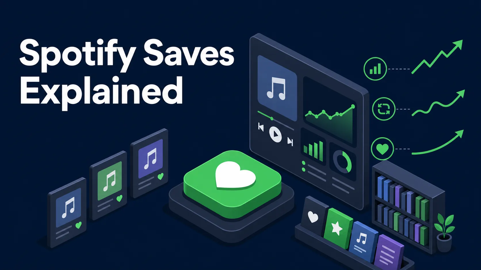 Flat isometric blog cover showing a Spotify saves dashboard, music cards, library shelves, and the headline Spotify Saves Explained.
