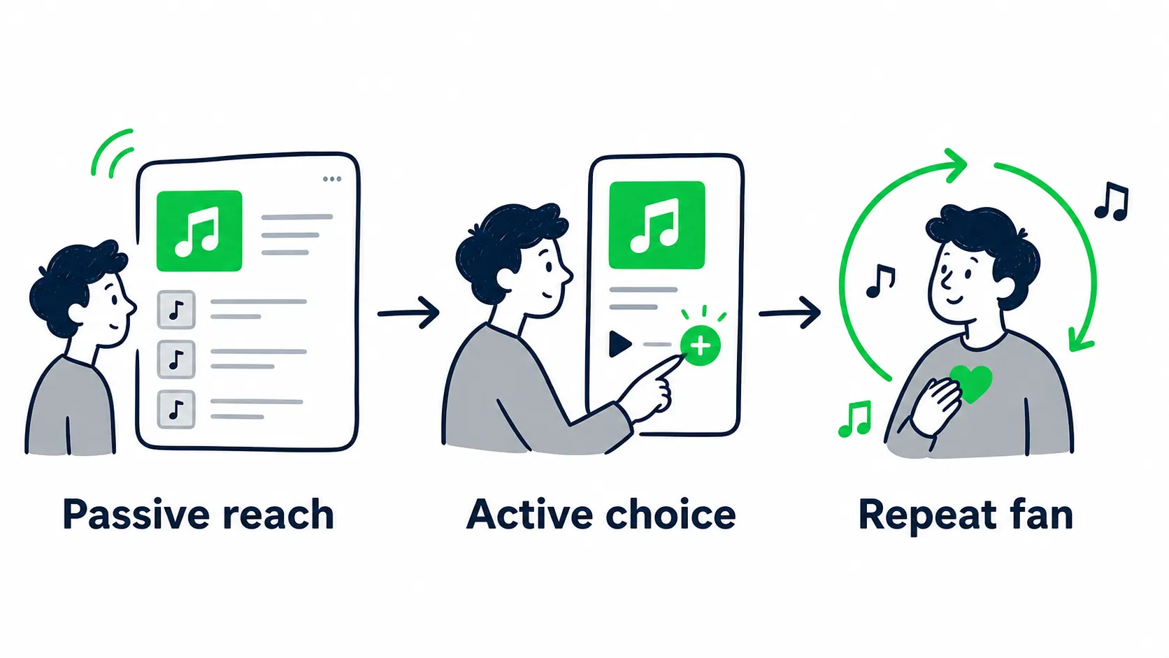 Doodle diagram showing passive reach moving to active choice and then repeat fan.