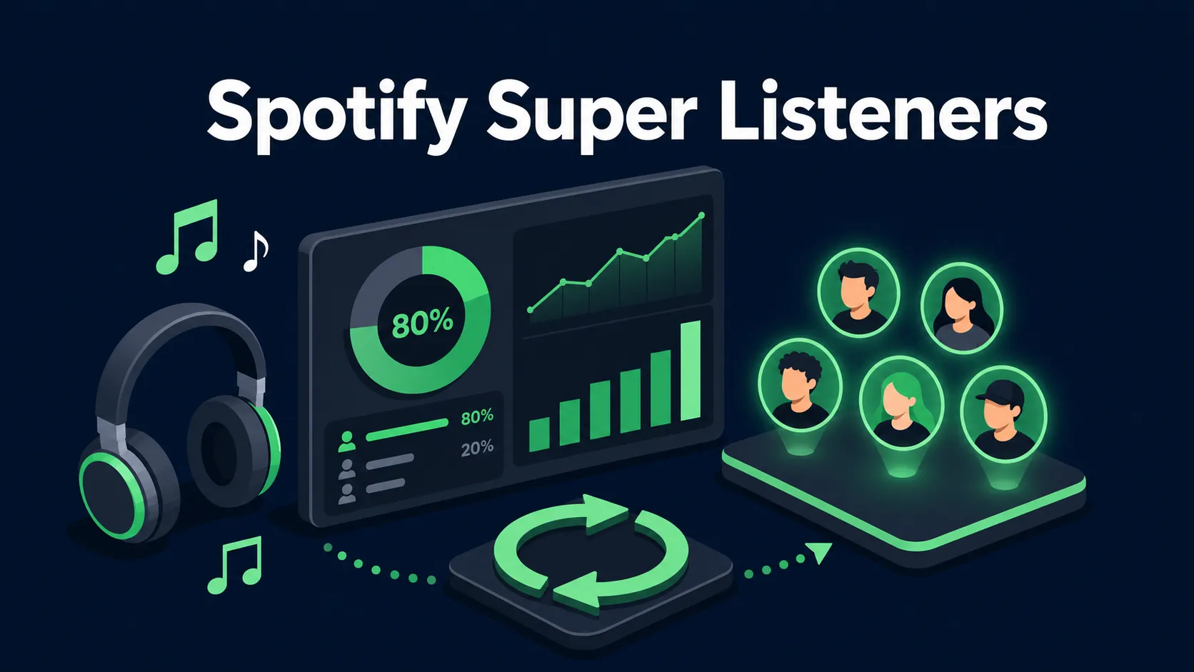 Flat isometric blog cover showing a Spotify analytics dashboard, repeat listening loop, loyal fan avatars, and the headline Spotify Super Listeners.