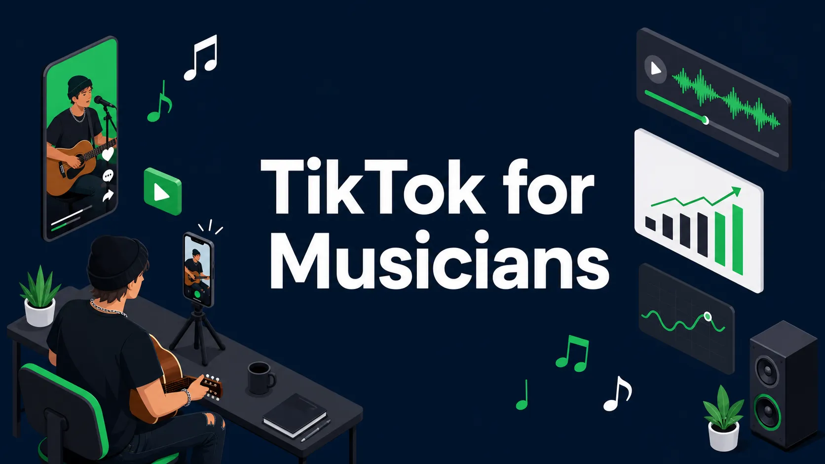 Flat isometric blog cover showing a musician recording short form music content with the headline TikTok for Musicians.