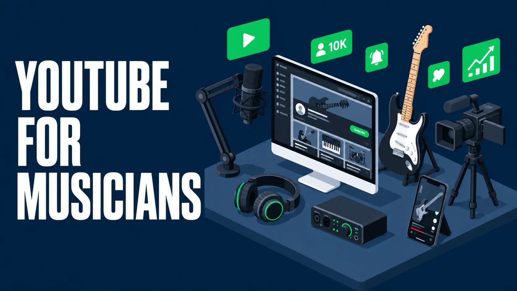 Flat isometric studio scene with a microphone, guitar, camera, headphones, and a channel page on a monitor, on a dark blue background.