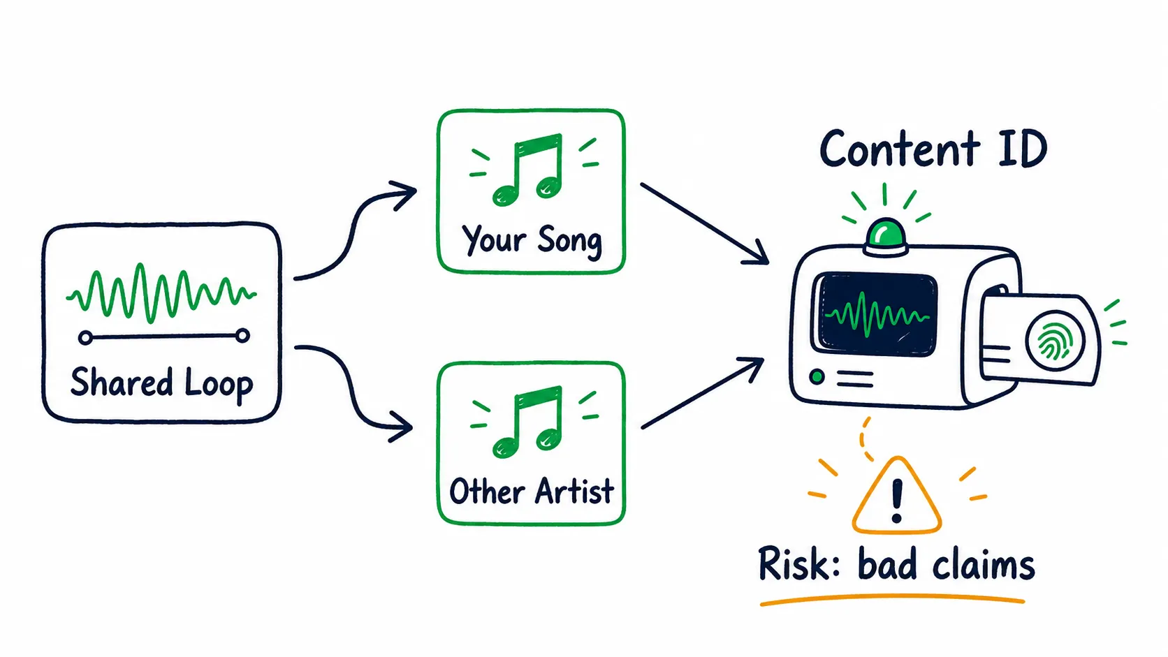 Doodle infographic showing a shared loop branching into your song and another artist song, then both flowing into Content ID with a warning for bad claims.