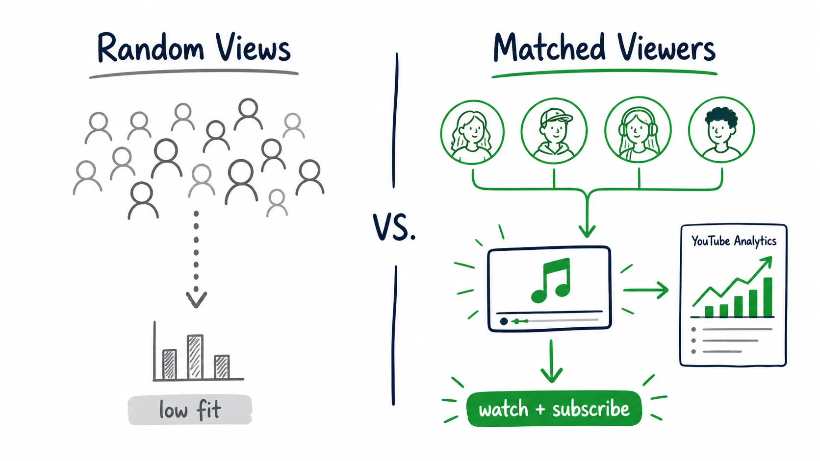 Doodle infographic comparing random views with low fit against matched viewers who watch, subscribe, and create visible signals in YouTube Analytics.